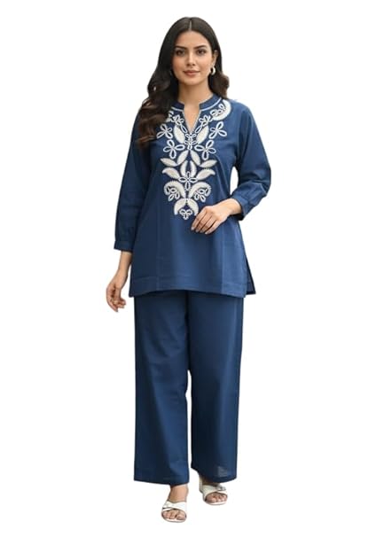 Women's Pure Cotton Embroidered Co-ord Set Solid Top With Pants
